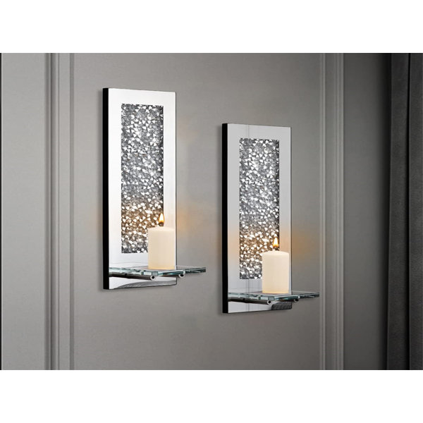 Everly Quinn Wall Candle Holders Set Of 2, Rectangular Silver Mirror